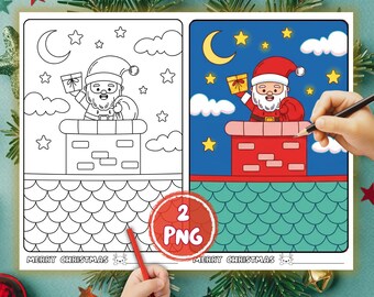 Kids Christmas Coloring Pages | Santa & Bunny, Winter Activity (2 PNG Instant Download)