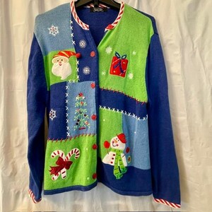 Vtg 90s Crystal Kobe Christmas Holiday Cardigan Sweater Embroidered Patchwork L