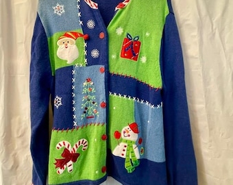 Vtg 90s Crystal Kobe Christmas Holiday Cardigan Sweater Embroidered Patchwork L