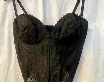 Klasyczny gorset z koronką Fredericks of Hollywood z lat 90., czarny, gotycki, 38D