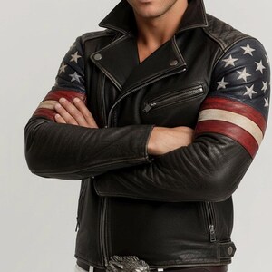 May include: Black leather jacket with a classic asymmetrical zip design. The sleeves feature a patriotic design with white stars on a blue background and red and white stripes. The jacket has a silver wolf buckle.