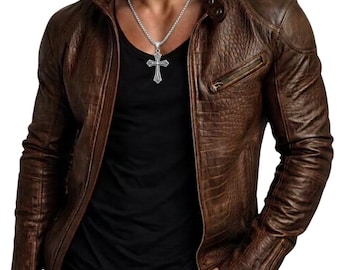 Men's Brown Crocodile Embossed Leather Biker Jacket, Slim Fit Cafe Racer Moto Coat