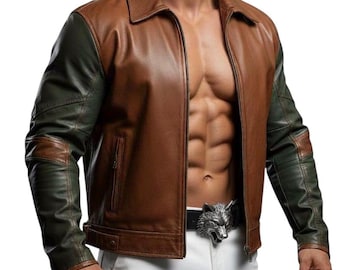 Men's Two-Tone Brown Green Genuine Lambskin Leather Biker Jacket – Slim Fit Retro Moto Coat
