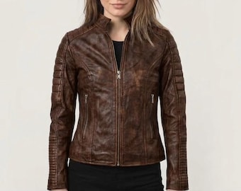 Distressed Brown Leather Biker Jacket, Quilted Ribbed Sleeves, Slim Fit Moto Coat