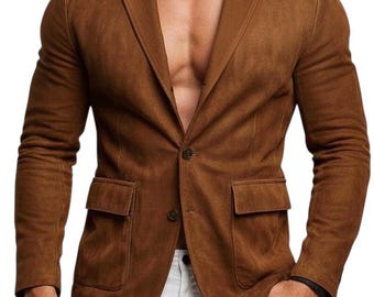 Brown Suede Men's Blazer, Casual Soft Sport Coat Jacket
