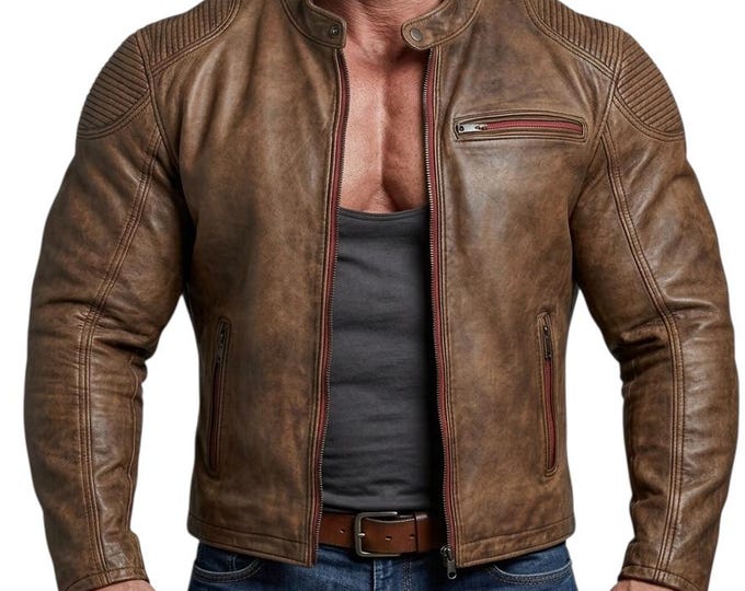 Featured listing image: Men's Handmade Distressed Brown Leather Cafe Racer Jacket - Slim Fit Vintage Biker Style