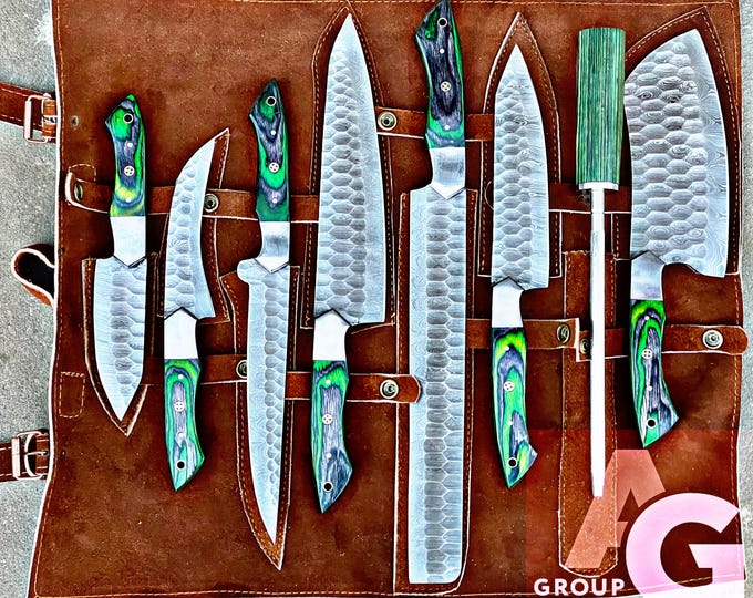 Featured listing image: Custom Handmade Damascus Steel HandForged  Green Kitchen BBQ 8 PCS Chef Knives Set