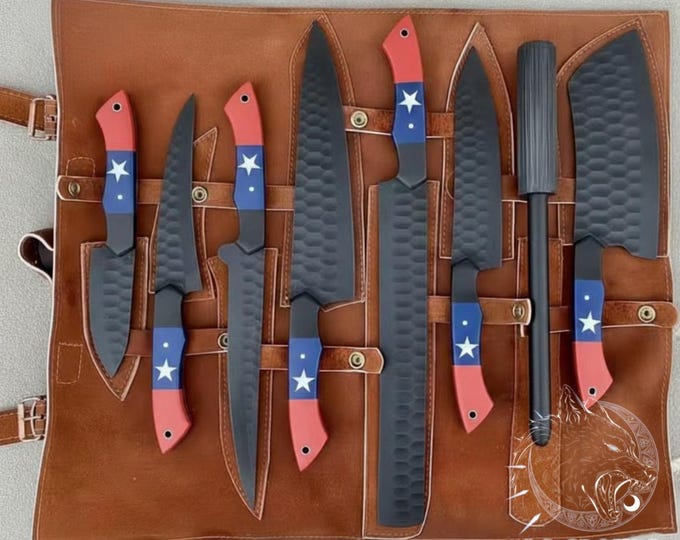 Featured listing image: 8-Piece Texas Flag Handle Chef Knife Set, High Carbon Steel BBQ, Leather Roll Bag