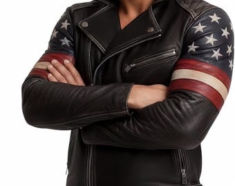 Men's American Flag Leather Biker Jacket | Patriotic USA Motorcycle Coat