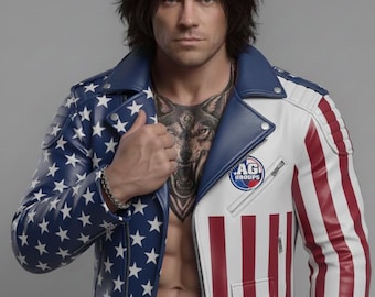 Men's American Flag Leather Biker Jacket | Handmade USA Stars & Stripes Motorcycle