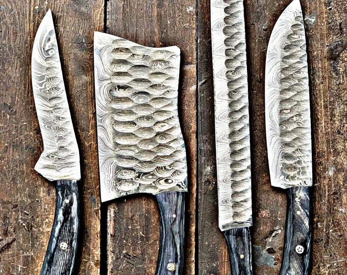 Featured listing image: Custom Handmade Damascus Steel HandForged  Kitchen BBQ 4 Pcs Black Dark Chef Knives Set