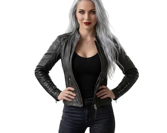 Women's Black Leather Biker Jacket, Sleeve Lace-Up Detail, Slim Fit Goth Punk Moto