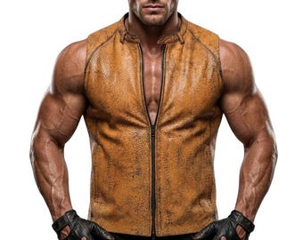 Men's Distressed Tan Leather Sleeveless Vest – Vintage Biker Style