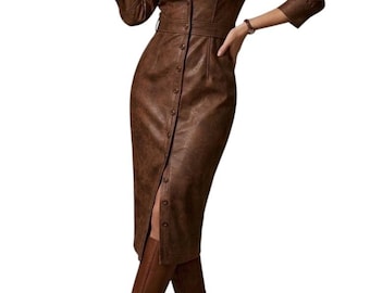 Distressed Brown Leather Button-Front Midi Dress, Collared V-Neck Bodycon Shirt Dress