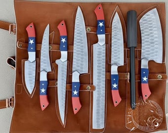 8-Piece Damascus Steel Chef Knife Set – USA Flag Resin Handle, Leather Roll Storage