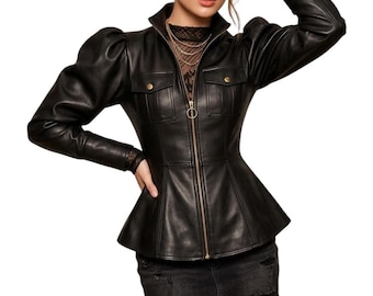 Women Black Leather Peplum Jacket Puff Sleeve Blazer Corset Style Coat