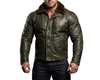 Men's Distressed Olive Green Leather Bomber Jacket with Faux Fur Collar