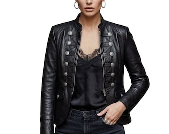 Women's Black Leather Military Jacket, Vintage Officer Style, Metal Buttons