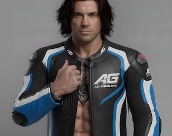 Chaqueta de moto, chaqueta de cuero de vaca negra y azul para motociclista de carreras.