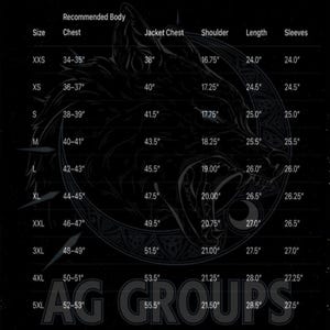 May include: A black chart with jacket size measurements. The chart includes sizes from XXS to 5XL, with chest, jacket chest, shoulder, length, and sleeve measurements in inches. The text "Recommended Body" is at the top.