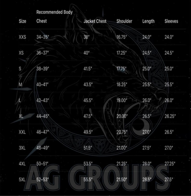 May include: A black chart with jacket size measurements. The chart includes sizes from XXS to 5XL, with chest, jacket chest, shoulder, length, and sleeve measurements in inches. The text "Recommended Body" is at the top.