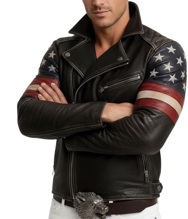 May include: Black leather jacket with a classic biker style, featuring a notched collar, asymmetrical zipper, and quilted shoulder details. The sleeves are adorned with a design of the American flag. The jacket is paired with a belt with a wolf buckle.
