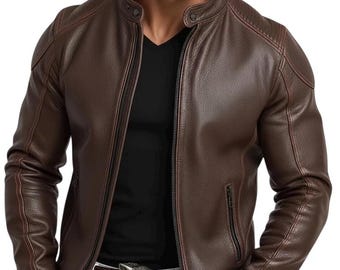 Men's Brown Leather Biker Jacket - Genuine Lambskin Moto Coat with Quilted Shoulders"
