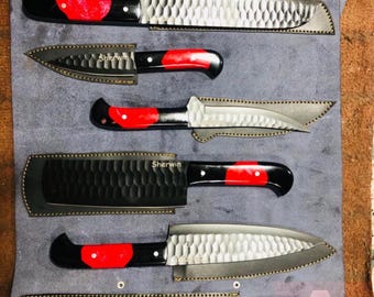 Handmade D2 Steel Chef Knives Set, Red Black Resin Handle