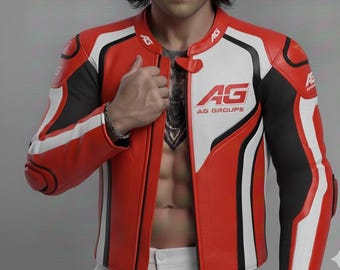 Men's Red & White Cowhide Leather Motorcycle Jacket, Classic Racing Biker Gear