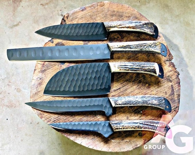 Featured listing image: Chef Knife Set | 5-Piece High Carbon Steel Kitchen Knives, Stag Horn Handle BBQ Set