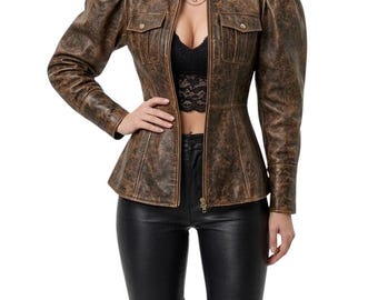 Distressed Brown Leather Puff Sleeve Jacket, Vintage Zip-Up Peplum Blazer, Mandarin Collar Coat