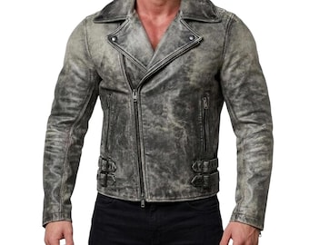 Men's Distressed Washed Grey Leather Asymmetrical Biker Jacket