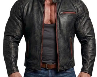 Men's Distressed Black Leather Racer Jacket – Vintage Biker Style, Red Accents
