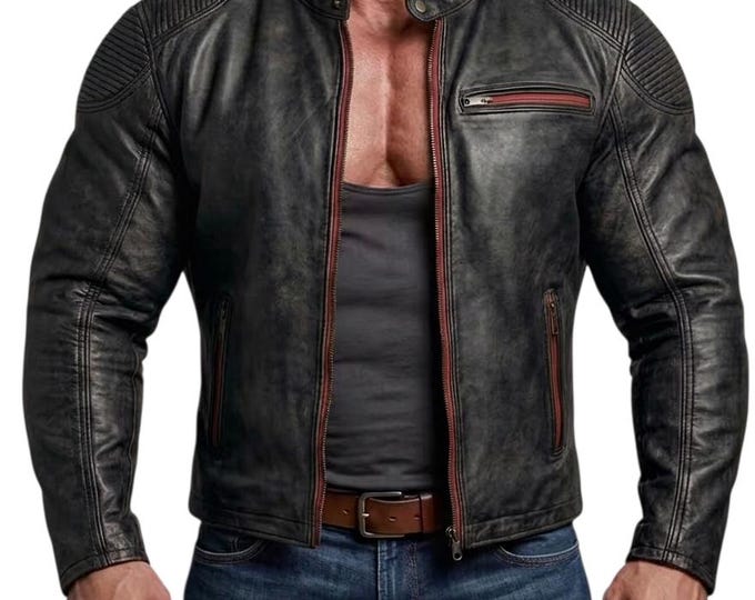 Featured listing image: Men's Distressed Black Leather Racer Jacket – Vintage Biker Style, Red Accents