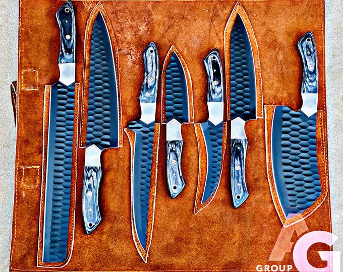 Featured listing image: Custom Handmade D2 Steel HandForged  BLACK Dark Kitchen BBQ 7 PCS Chef Knives Set