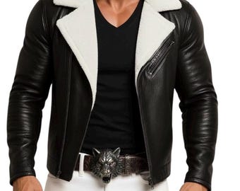 Men's Black Genuine Sheepskin Leather Biker Jacket White Shearling Collar – Slim Fit AG GROUPS