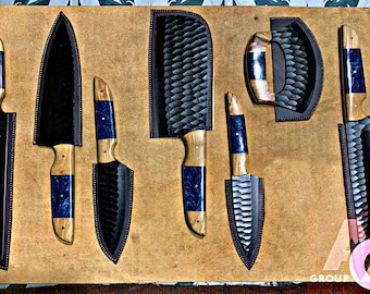 7-Piece Chef Knife Set: Hand-Forged High Carbon Steel, Unique Resin Wood Handle, Leather Sheath