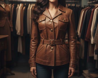 Vintage 1970s Brown Leather Safari Jacket – Belted Retro Women's Outerwear