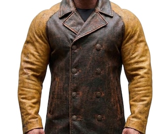 Men's Distressed Two-Tone Brown Leather Double-Breasted Peacoat