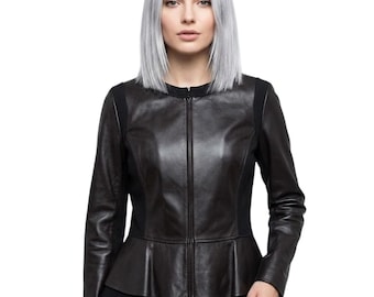 Women's Black Peplum Leather Jacket, Slim Fit Paneled Moto Jacket, Chic Elegant Leather Blazer for Her