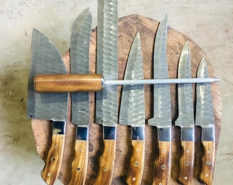 Hand-Forged Damascus Steel Kitchen Knife Set, 7 Pcs Wood Handle Chef Knives
