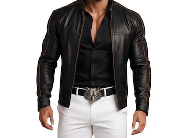 Men's Black Lambskin Leather Biker Jacket, Slim Fit Moto Style Coat