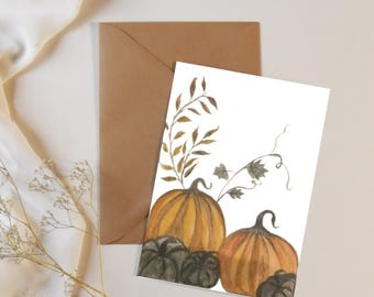 Hand-Painted Watercolor Pumpkin Card: Autumn Thanksgiving Greeting