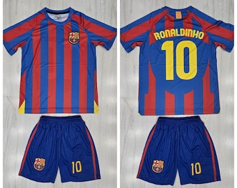 Ronaldinho 10 Football Kids Uniform - Barcelona Legend #10 Vintage Short Sleeve Soccer Jersey