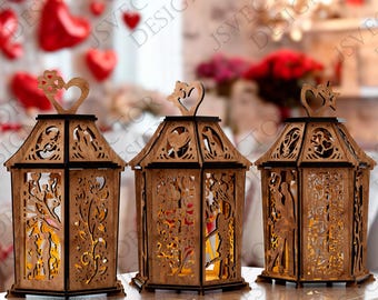 Set of 3 Romantic Candle Holder Lantern SVG Bundle, Laser Cut Files