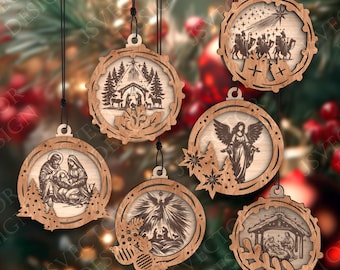 Christmas Nativity Layered Ornament SVG Bundle Tree Decor Laser Cut File with Engraving Area