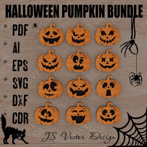 Op de afbeelding: Een digitale grafische set getiteld HALLOWEEN PUMPKIN BUNDLE met twaalf oranje pompoenillustraties met verschillende uitgesneden gezichtsuitdrukkingen. De tekst bevat PDF, AI, EPS, SVG, DXF, CDR en JS Vector Design, met zwarte spinnen en webben.