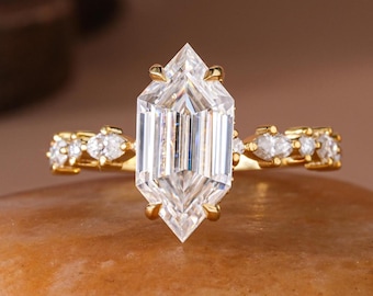 Geometric Diamond Engagement Ring, Elongated Hexagon Cut, Art Deco Gold Bridal Ring