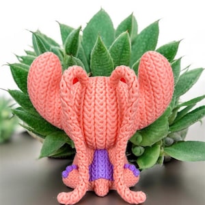 May include: A handmade, coral-colored knitted creature with large, textured ears and a purple accent. The whimsical figure is set against a backdrop of green succulent leaves, creating a playful contrast of textures and colors.