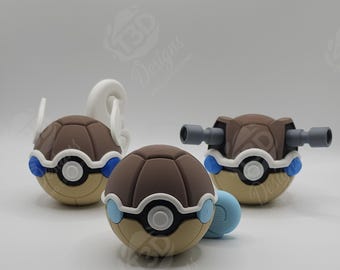 Diseños de personajes inspirados en Squirtle, Wartortle, Blastoise y Mega Blastoise: bolas de exhibición impresas en 3D, coleccionables únicos de arte de fans.